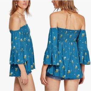 Free People Lana Blue Off-Shoulder Floral Top Size S